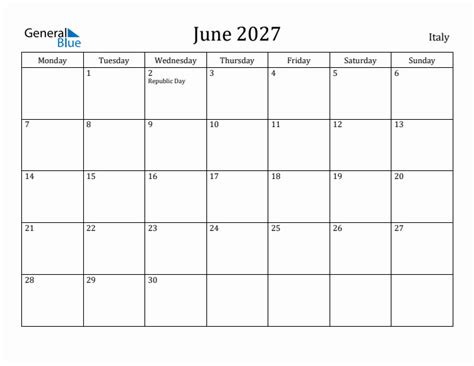 June 2027 Italy Monthly Calendar With Holidays