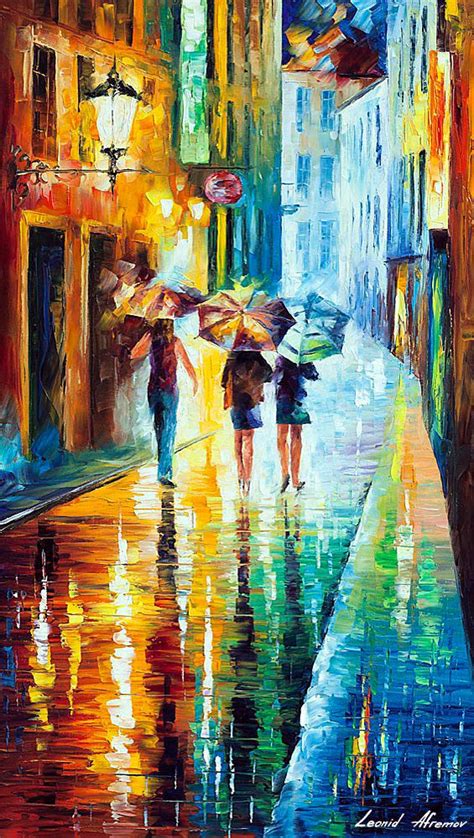 Rainy Day In The City — Palette Knife Oil Painting On Canvas By Leonid