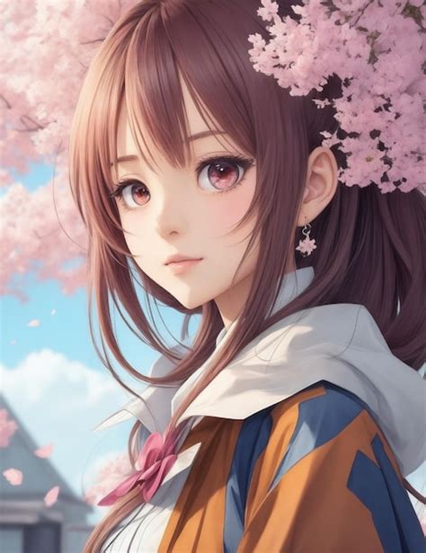 Premium Ai Image Cute Brown Hair Anime Girl In The Cherry Blossom Park