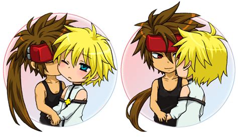 safebooru blonde hair blue eyes blush brown hair chibi couple guilty gear hand holding kiss ky