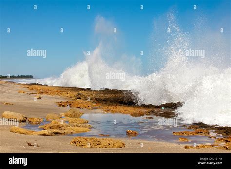 Crashing Waves At Blowing Rock Preserve Jupiter Florida Stock Photo