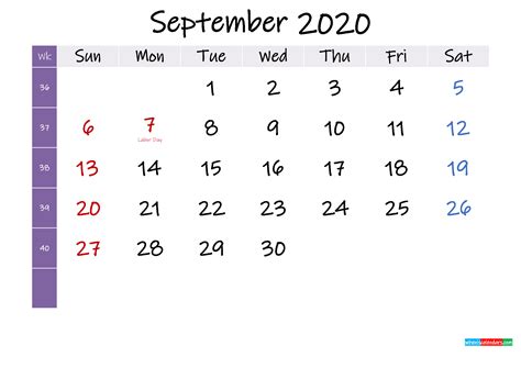 September 2020 Free Printable Calendar With Holidays Template No