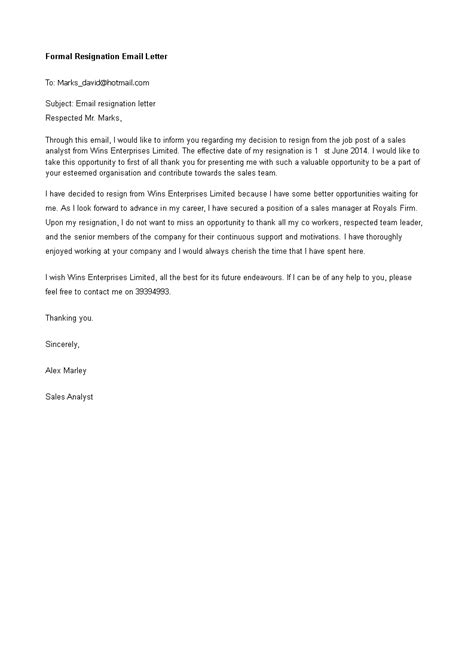 Formal Resignation Email Letter Templates At