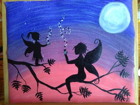 Acrylic Painting Fairy Mom And Child Silhouette By Josie Birchall Moon