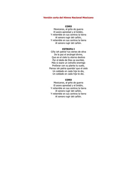 Versión Corta Del Himno Nacional Mexicano