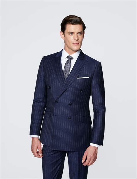 Mens Navy Chalk Stripe Double Breasted Slim Fit Suit Jacket Hawes