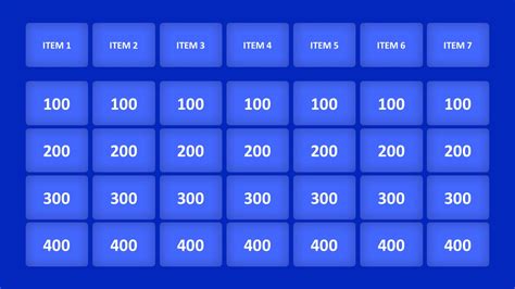 In the game show there is a 6th clue written for each category which the show doesn't use. Jeopardy Game PowerPoint Templates