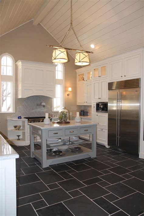 Learn the steps involved in tiling a kitchen floor. Pin by Rebecca King on Kitchens | White kitchen traditional, Slate floor kitchen, Grey kitchen floor