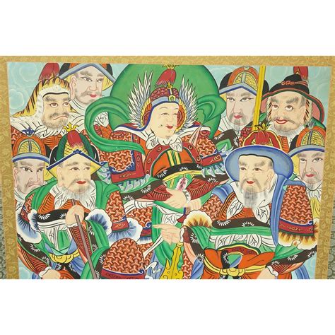 A Chinese Silk Scroll Painting Several Standing Warrior Figures Good