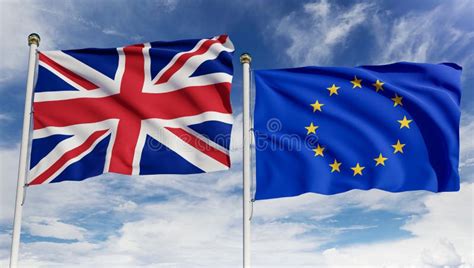 United Kingdom And European Union Flags Over Blue Sky Concept Of