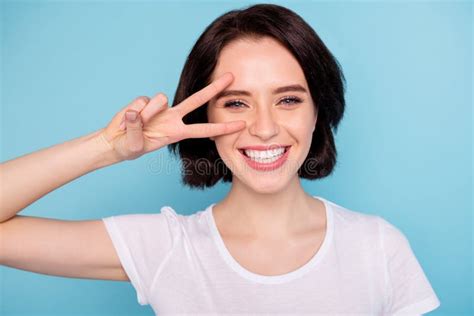 Close Up Portrait Of Her She Nice Attractive Lovely Cheerful Cheery Positive Girl Showing V Sign