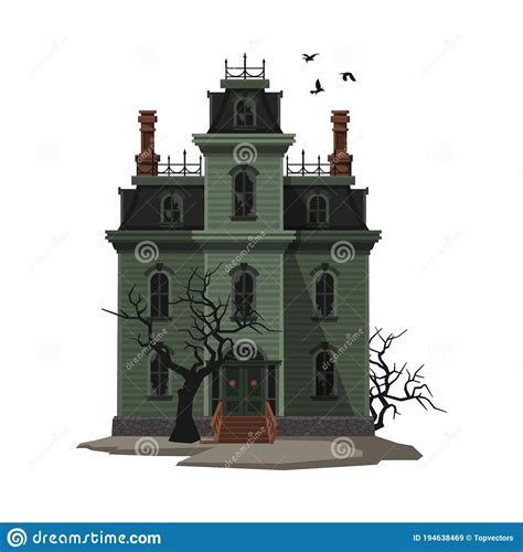 Scary Gothic House Halloween Haunted Mansion With Birds Flying Around