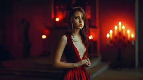 Wallpaper Women Ksenia Kokoreva Red Dress Portrait Cleavage