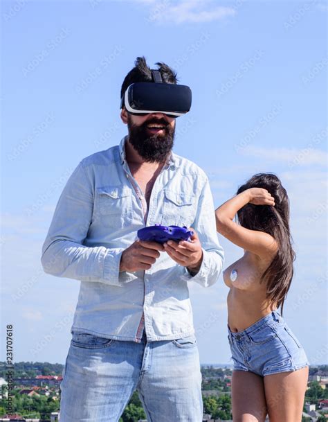 Hipster Man Play Virtual Sex Game Wear Hmd Or Vr Glasses Explore