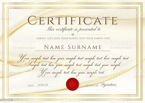 Certificate Template With Guilloche Pattern Golden Frame Border And Red