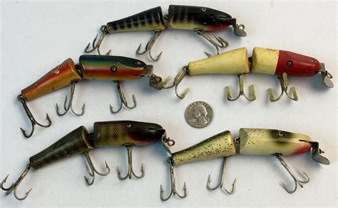 Lot Vintage Lot Of 5 Creek Chub Pikie Wooden Jointed Fishing Lures W