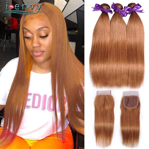 Gold Blonde Bundles With Closure Straight Colored Peruvian Human Hair