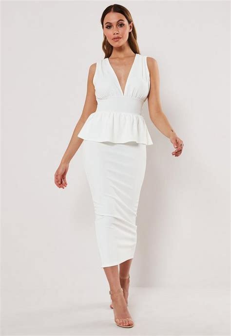 Our styles are trendy, comfortable and we have you covered for any occasion. White Sleeveless Deep Plunge Peplum Midi Dress ...