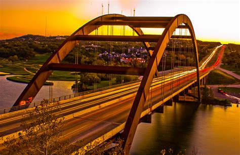 Jembatan Pennybacker Atau 360 Jembatan Austin Texas Usa Gold Sunset