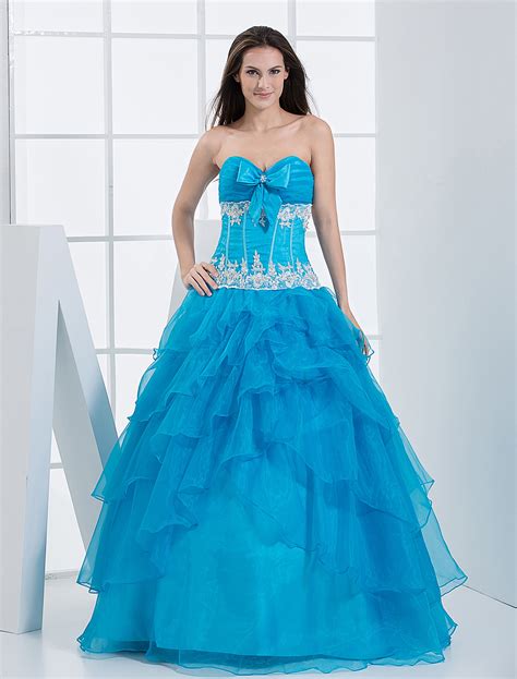 Ball Gown Quinceanear Dress Teal Strapless Lace Bow Tiered Organza