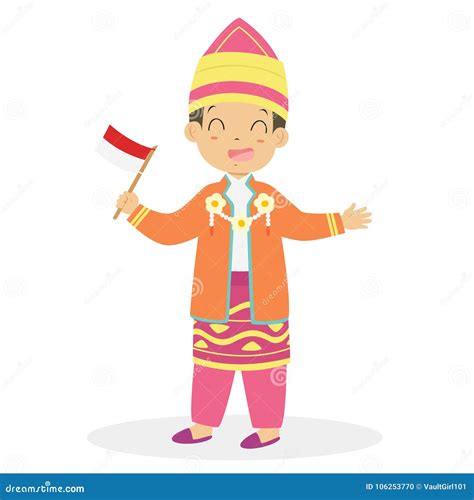 Indonesian Boy Wearing South Kalimantan Traditional Dress Stock Vector