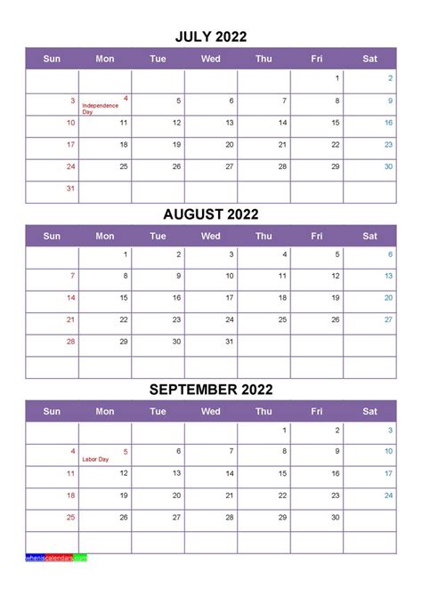 Free Calendar July August September 2022 With Holidays Four Quarters
