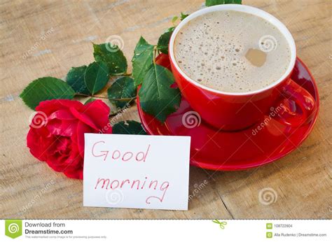 A good morning coffee and roses make a perfect aromatic breakfast. Coffee Cup With Red Rose And Notes Good Morning Stock ...