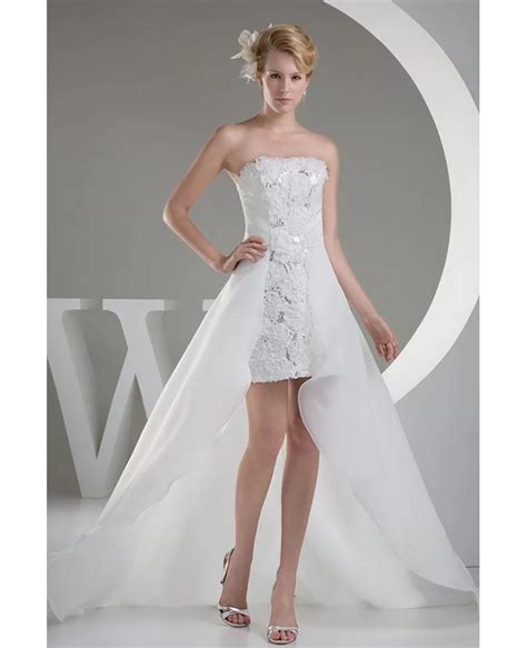 Classy High Low Wedding Dresses With Train Chic Strapless Lace Short Front Long Back Style