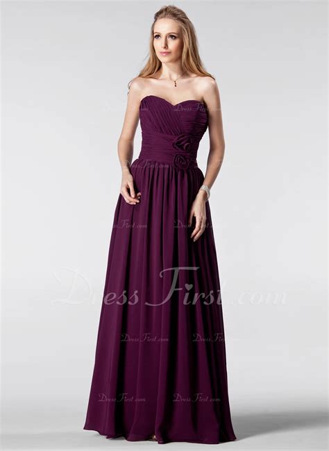 A Lineprincess Sweetheart Floor Length Chiffon Bridesmaid Dress With Ruffle Flowers