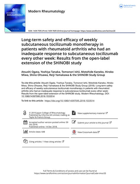PDF Long Term Safety And Efficacy Of Weekly Subcutaneous Tocilizumab Monotherapy In Patients