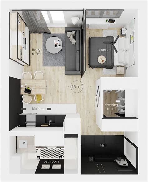 Ząbki 45m2 On Behance Modern Studio Apartment Ideas Small Apartment