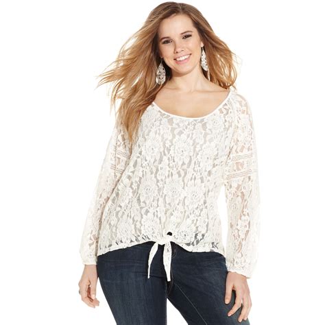 Jessica Simpson Plus Size Long Sleeve Lace Tie Front Top In White Snow