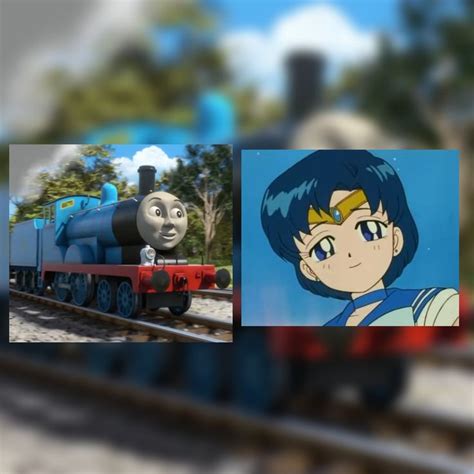 An Animated Image Of Thomas The Tank Engine On Train Tracks With Trees And Clouds In The Background