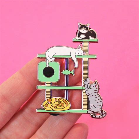 Kitty Paradise Cat Tree Enamel Pins A Big 55mm Tall Silver Plated