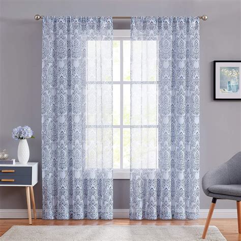 Damask Blue Sheer Curtains 84 Inch Long White Printed Window Curtain