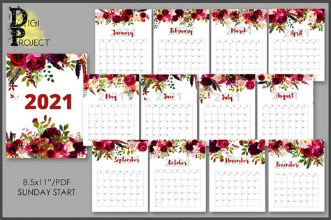 Wall Calendar 2021 Calendar Printable Monthly Floral Calendar Images
