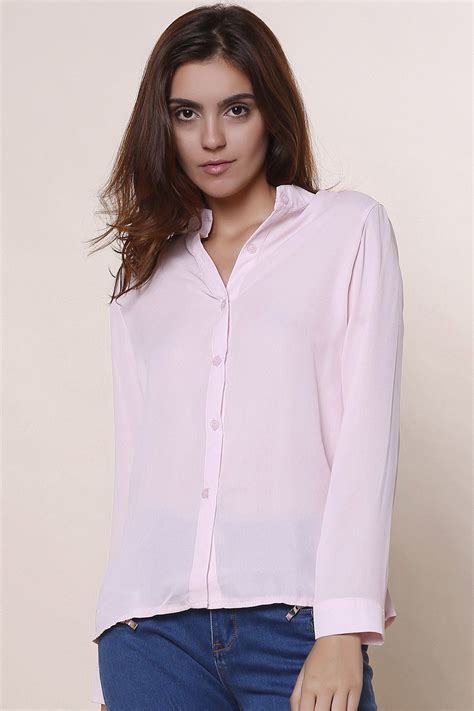 2018 Plain Long Sleeves Blouse In Pink S