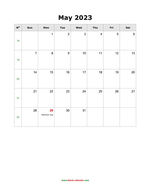 Download May 2023 Blank Calendar With Us Holidays Vertical