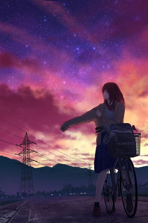 2k Free Download Anime Girl Sunset Bicycle School Uniform Utility