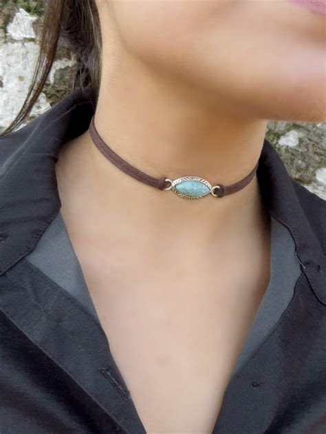 Choker Necklace Suede Choker Necklace Bohemian Turquoise Etsy