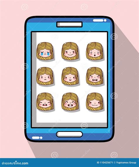 Smartphone With Girl Head Emotion Faces Stock Vector Illustration Of