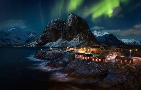 Wallpaper Mountains Night Home Northern Lights Village Norway