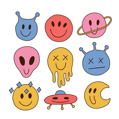 Fun Groovy Retro Space Emoji Set Colorful Hipster Stickers With Ufo