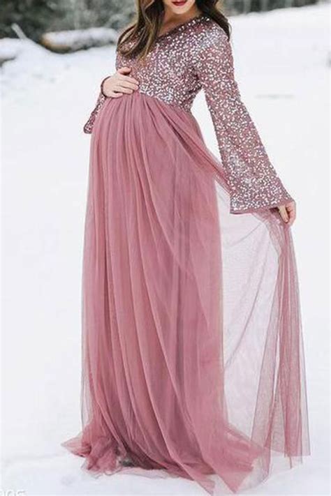 Maternity V Neck Long Sleeve Tulle Gown With Tonal Delicate Sequins