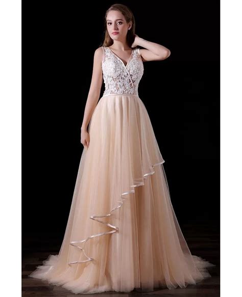 A Line V Neck Sweep Train Tulle Prom Dress With Lace A