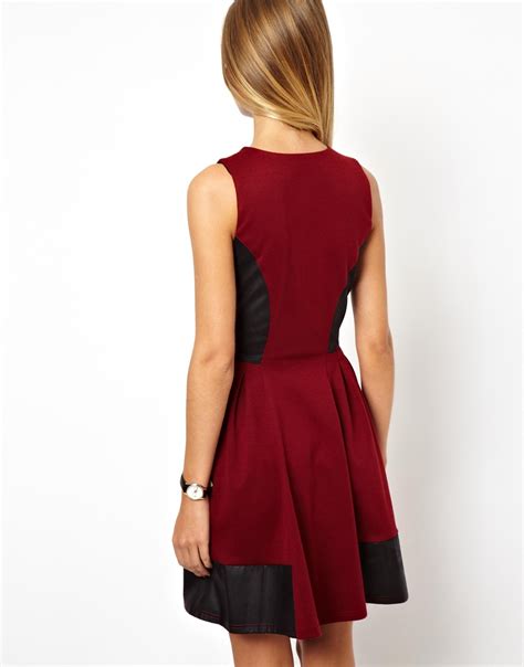 Asos Skater Dress With Leather Look Panels In Red Lyst