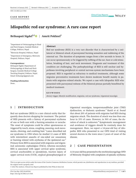 Pdf Idiopathic Red Ear Syndrome A Rare Case Report