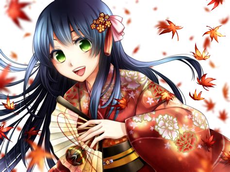 Black Hair Blush Frogmakina Green Eyes Japanese Clothes Kimono Long
