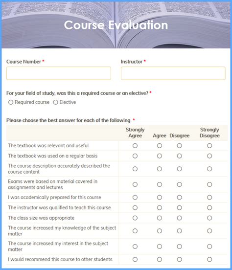 This service offers both a free account and a paid account that includes enhanced features. Course Evaluation Form Template | Formsite