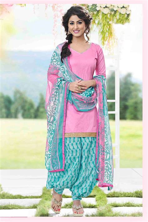 Pink And Aqua Unstitch Cotton Patiala Suit With Chiffon Dupatta Ladies Salwar Kameez Salwar Suits